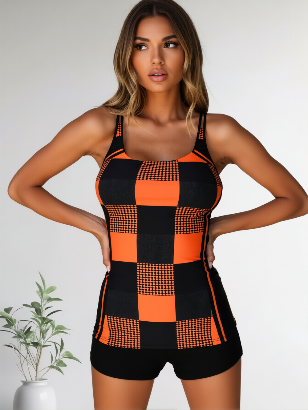 ARVONA Sunset Grid Tankini Set